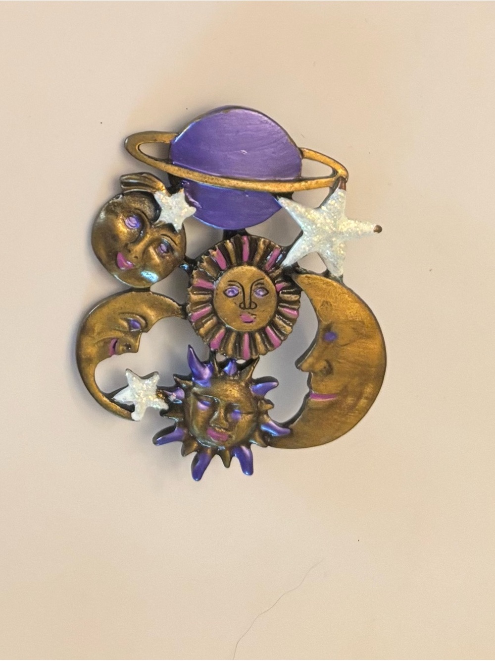 Vintage Celestial Sun, Moon & Stars Brooch - Purple & Gold Pin, Fun, Whimsical. - Picture 3 of 4